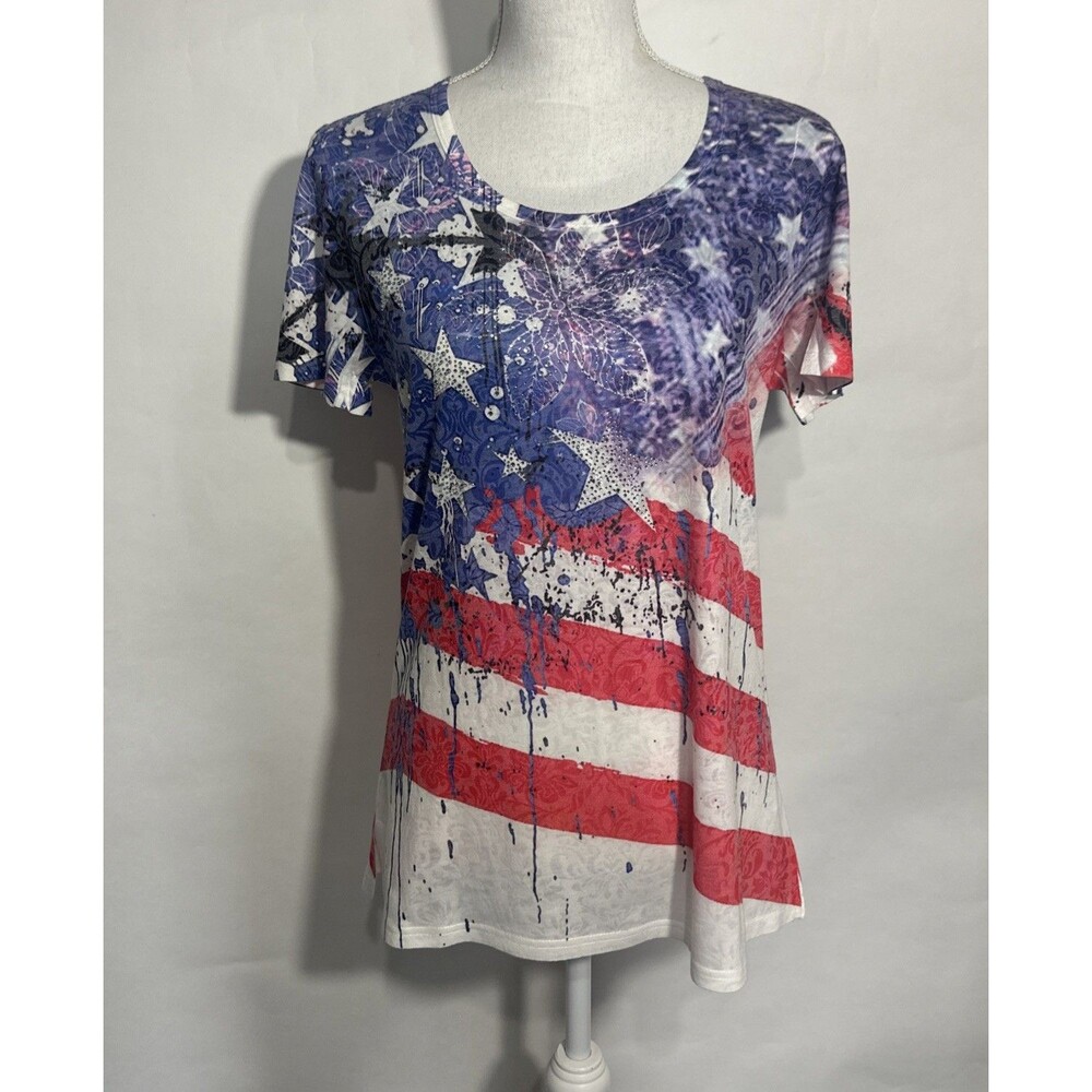 Creation Red White Blue Rhinestone Stars Cap Sleeve TShirt Size Small NWT
